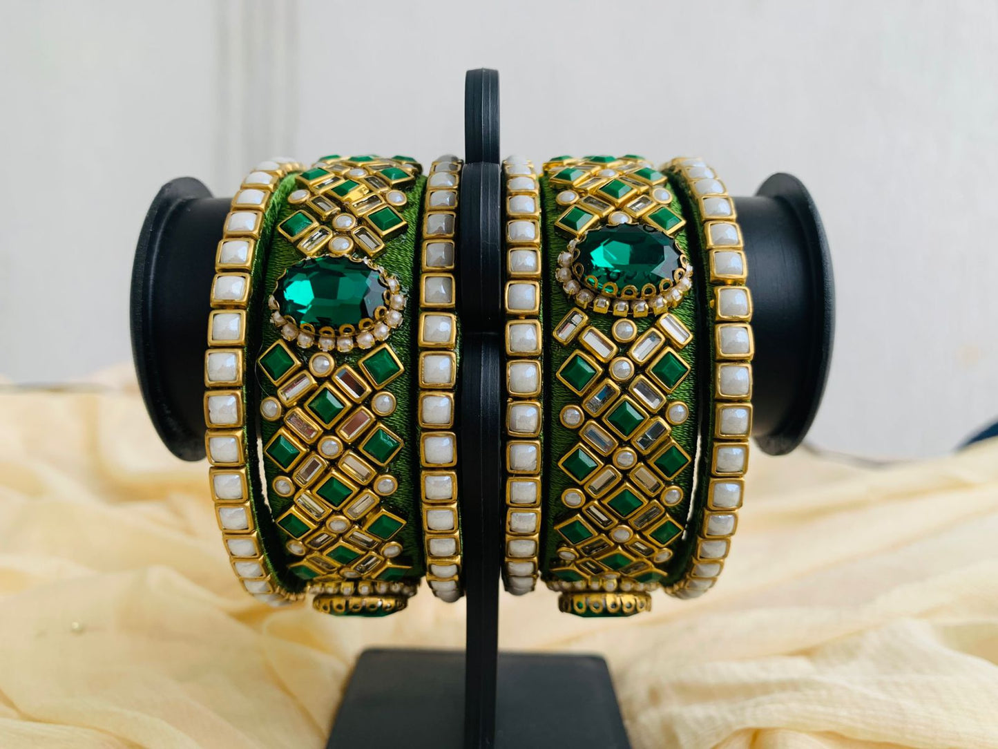 Royal Green Kundan Stone Bangle Set