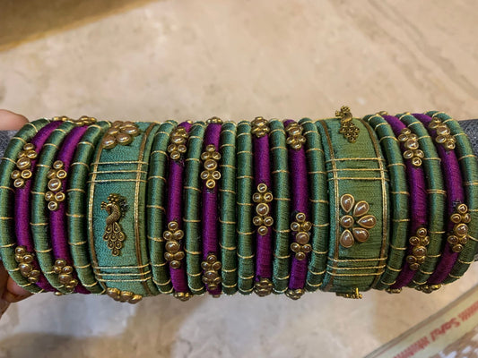 Traditional Green and Purple Silk Thread Bangles with Peacock Motifs