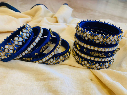 Royal Blue Bangles with Kundan and Peacock Detailing