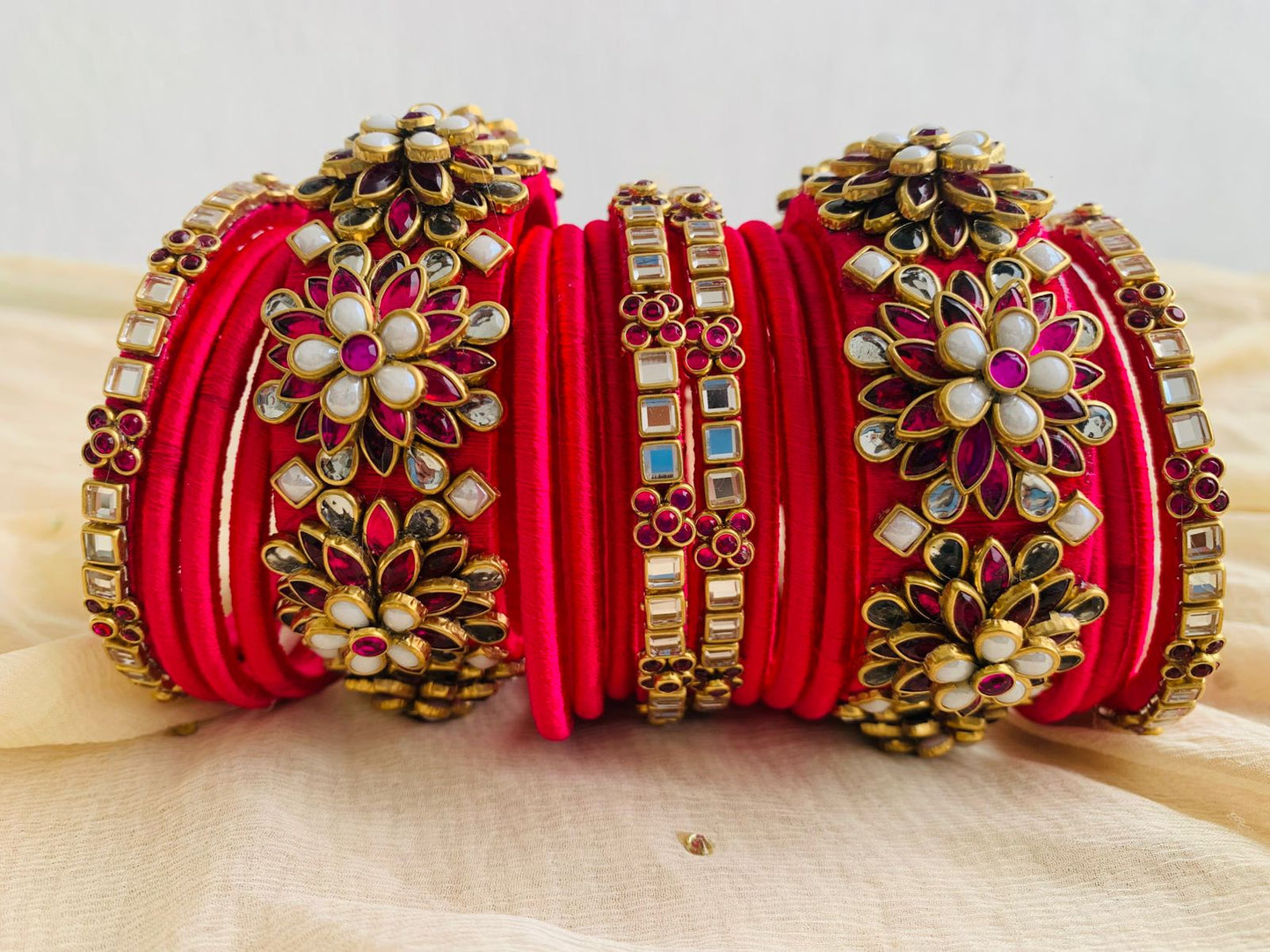 Pink Floral Kundan Bridal Bangle Set
