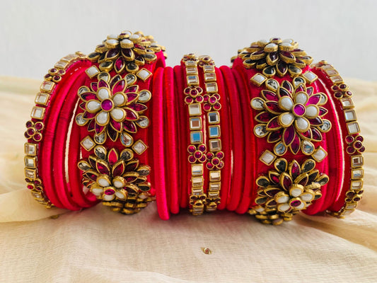Pink Floral Kundan Bridal Bangle Set