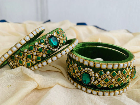 Royal Green Kundan Stone Bangle Set