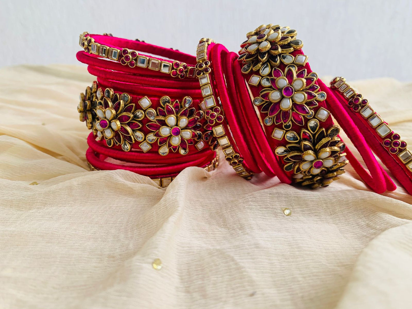 Pink Floral Kundan Bridal Bangle Set