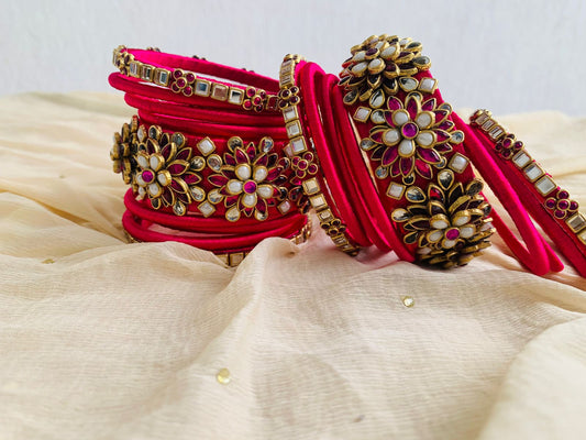 Pink Floral Kundan Bridal Bangle Set